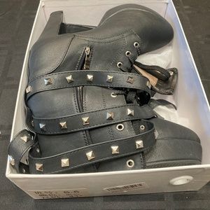 Black leather studded heel boot